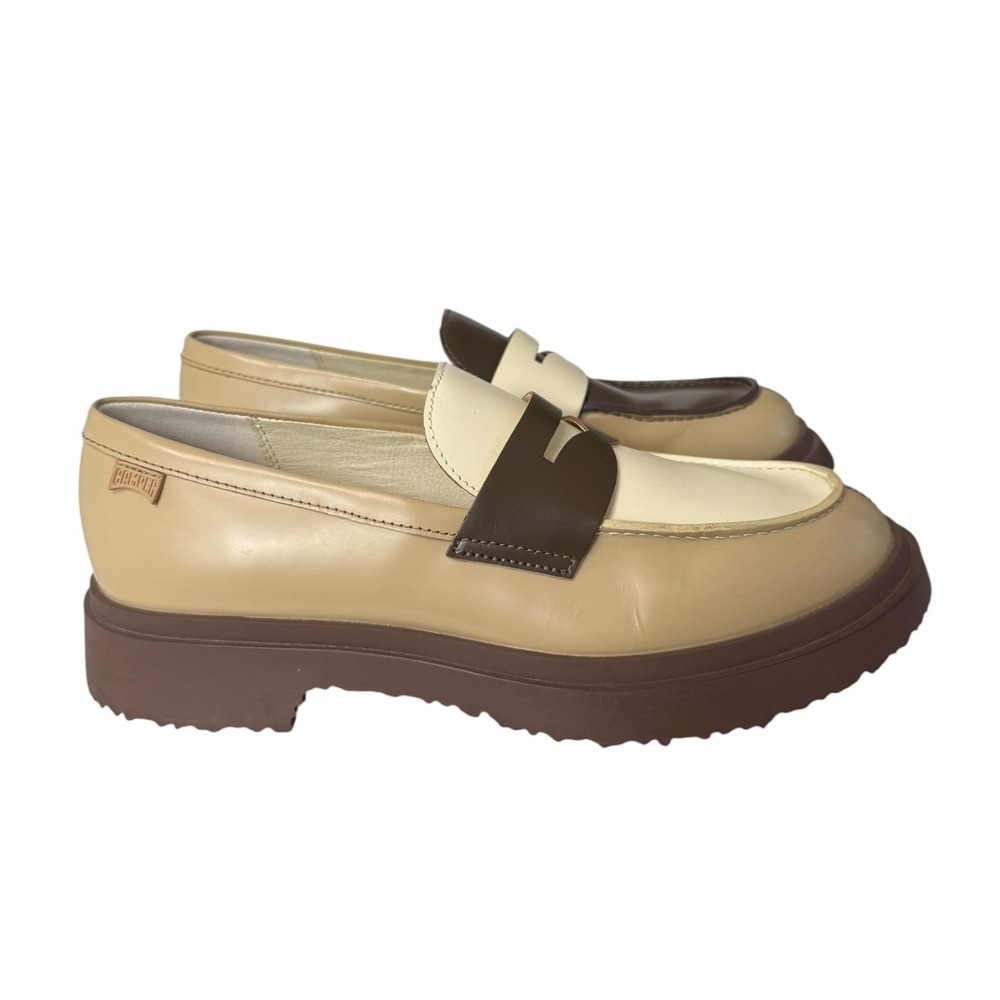 Camper Twins Unisex 41 Leather Penny Loafers Beige Brown Platform Lug Sole